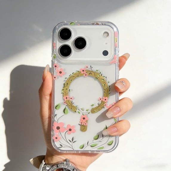For iPhone 17 Phone Case,Fresh Floral Print Back Design,Crystal Transparent,Compatible With Wireless Charging,Ultra Slim Shockproof Anti-fall Anti-Scratch,Thin Fit Phone Case,C