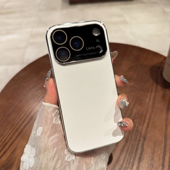 For iPhone 17 Phone Case,Ultra Slim Anti-Scratch PU Leather Back,Built-in Lens Protector,Shockproof Anti-fall Lightweight Electroplated Bumper Protection Rugged Thin Fit Phone Case,White