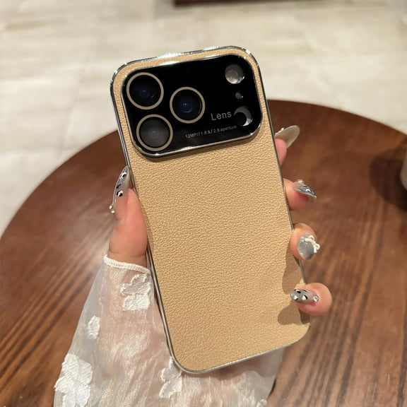 For iPhone 17 Phone Case,Ultra Slim Anti-Scratch PU Leather Back,Built-in Lens Protector,Shockproof Anti-fall Lightweight Electroplated Bumper Protection Rugged Thin Fit Phone Case,Gold