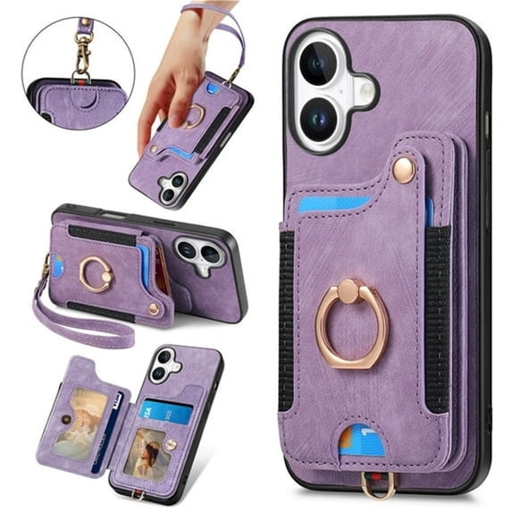 for iPhone 17 Phone Case Wallet with Card Holder,PU Leather Flip Folio Case,RFID Blocking Ring Holder Kickstand Wrist Strap Magnetic Protective Women Men Cover,Purple,For iPhone 17