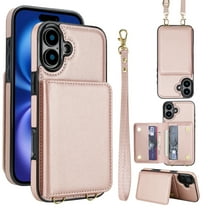 For iPhone 17 Phone Case Wallet Card Holder,RFID Blocking PU Leather Back Magnetic Flip Kickstand Folio Case Wrist Lanyard & Crossbody Strap Protective Women Girls Cover,Rosegold