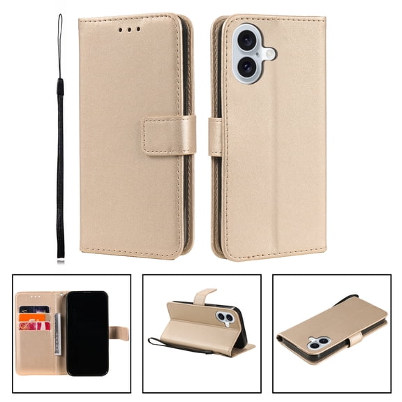 for iPhone 17 Phone Case Wallet,Women Flip Folio Cover with Credit Card Holders & Cash Pocket Solid Color PU Leather Kickstand Shockproof Case with Hand Strap for Woman Men,Gold
