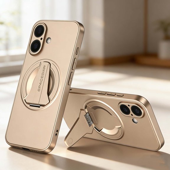 For iPhone 17 Phone Case,With Contractile Kickstand,Compatible With Mag-Safe,Ultra Slim Rugged Anti-Scratch Shockproof Anti-fall Drop Protection,Durable Rugged Phone Case,Desertgold