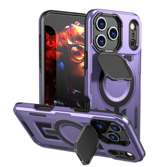 For iPhone 17 Phone Case,With Contractile Lens Cover Kickstand,Compatible with Mag-safe,Heavy Duty Shockproof Anti-fall Anti-Scratch Drop Protection Durable Phone Case,Purple