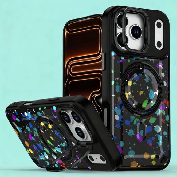 For iPhone 17 Phone Case,With Contractile Lens Ring Kickstand,Compatible with Mag-Safe,Heavy Duty Shockproof Anti-fall Drop Protection,Camouflage Pattern Back,Durable Phone Case,B