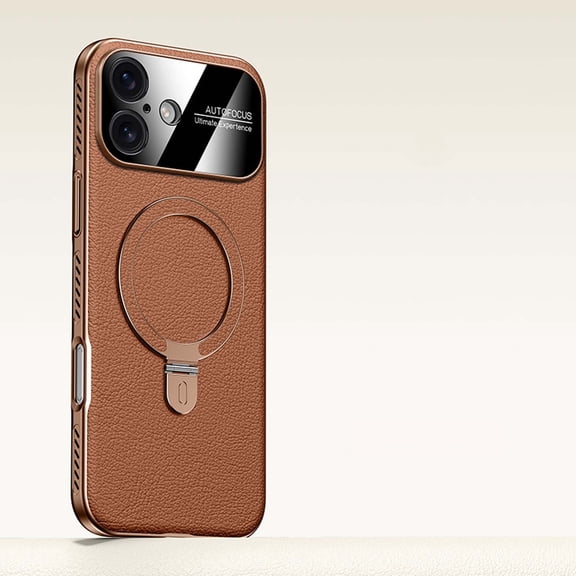 For iPhone 17 Phone Case,With Contractile Ring Kickstand,Precision Aperture Lens Protector,Anti-Scratch PU Leather Back,Heat Dissipation Bumper,Fit For Mag-Safe,Shockproof Phone Case,Brown