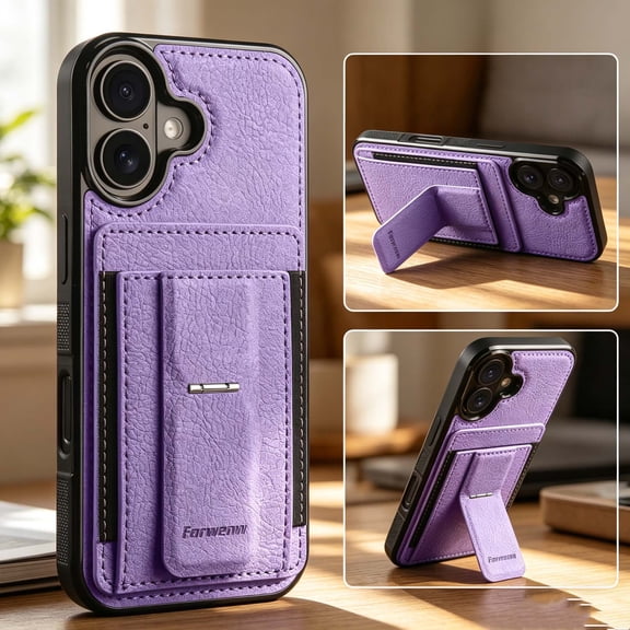For iPhone 17 Phone Case,With Credit Card Slots,Invisible Foldable Kickstand,Anti-Scratch Shockproof Heavy Duty Drop Protection,Durable Anti-fall Non-slip Rugged Phone Case,Purple