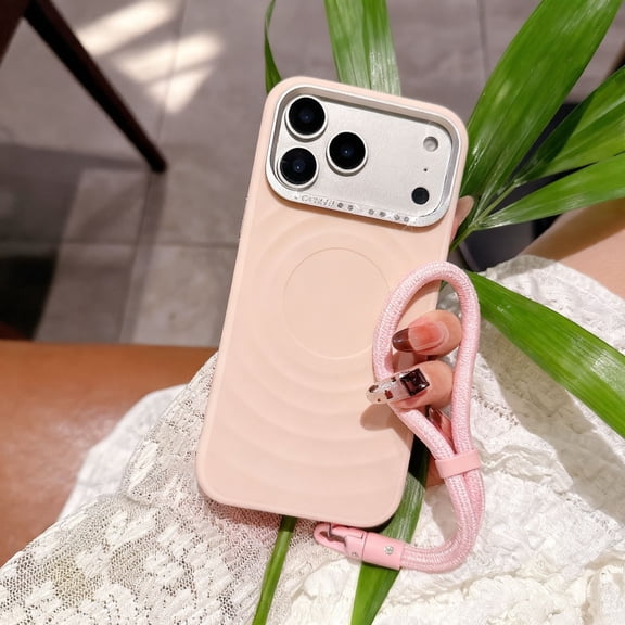 For iPhone 17 Phone Case,With Detachable Lanyard,Compatible with Mag-Safe,Ripple Pattern Back,Diamond Camera Ring Design,Shockproof Anto-fall Drop Protection Phone Case,Lightpink
