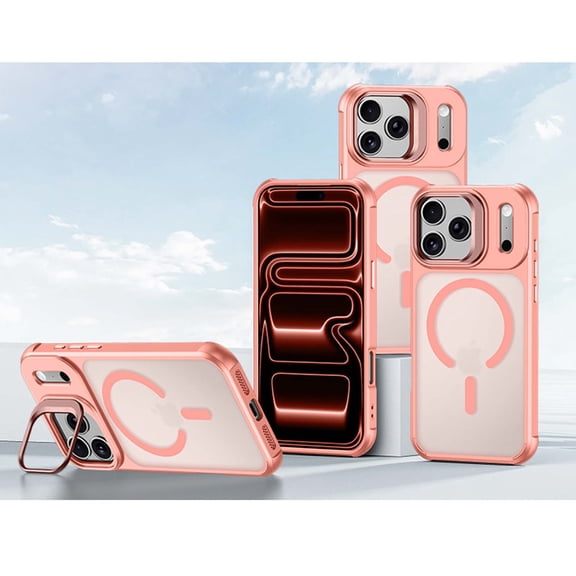 For iPhone 17 Phone Case,With Invisible Lens Ring Kickstand,Compatible with Mag-Safe,Anti-fall Drop Protection,Shockproof Ultra Slim Classic Hybrid Thin Fit Phone Case Cover,Pink