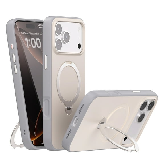 For iPhone 17 Phone Case,With Rotatable Ring Kickstand,Compatible with Mag-Safe,Ultra Slim Shockproof Anti-Scratch Drop Protection,Matte Anti-Fingerprint Phone Case Cover,Gray