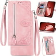 thumbnail image 1 of for iPhone 17 Phone Wallet Case Zipper Storage Pocket, Floral Matte Leather Folio Flip Cover Kickstand, Multi Card Holder Cash Slot Photo Frame, Leaf Magnetic Buckle, Wrist Lanyard, 1 of 8