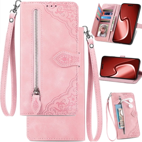 for iPhone 17 Phone Wallet Case Zipper Storage Pocket, Floral Matte Leather Folio Flip Cover Kickstand, Multi Card Holder Cash Slot Photo Frame, Leaf Magnetic Buckle, Wrist Lanyard