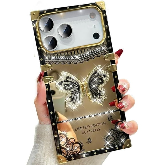 for iPhone 17 Pro 6.3" Case, Glitter Foldable Bling Butterfly Kickstand Soft Cover Mirror Back Golden Plated Shockproof Protective Elegant Cute Case for Woman Girls for iPhone 17 Pro, Black