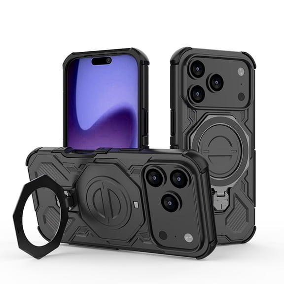 for iPhone 17 Pro Armor Case with Aluminum PC+TPU Hybrid, Magnetic Ring Kickstand Holder, Shock-Resistant Lightweight Non-Slip Protective Cover, Wireless Charging Compatible Design, Black
