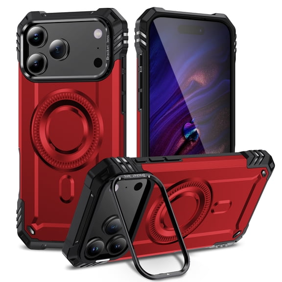 for iPhone 17 Pro Armor Case with Kickstand, Luxury Military-Grade Drop Protection Heavy Duty Magnetic Phone Case, Compatible with MagSafe Accessories, for iPhone 17 Pro - Red