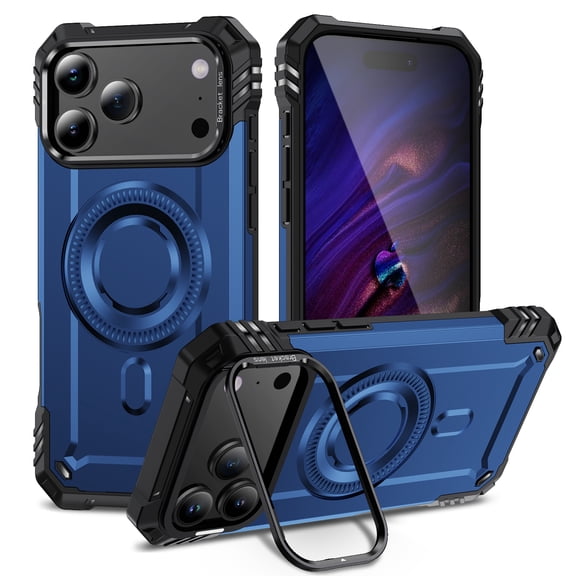 for iPhone 17 Pro Armor Case with Kickstand, Luxury Military-Grade Drop Protection Heavy Duty Magnetic Phone Case, Compatible with MagSafe Accessories, for iPhone 17 Pro - Blue