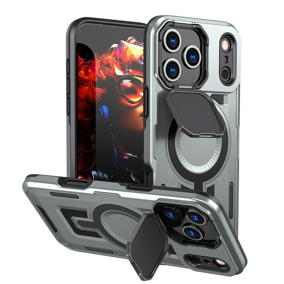 for iPhone 17 Pro Armor Case with Stand, [Compatible with MagSafe] [Built-in Camera Cover Kickstand] Heavy Duty Rugged Strong Magnetic Hard Phone Case for iPhone 17 Pro, Gray