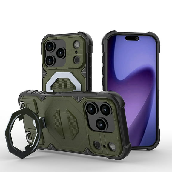 for iPhone 17 Pro Armor Shockproof Protective Portable Ourdoor Case with Lanyard, Magnetic Kickstand Anti-Scratch PC+TPU Non-Slip Rugged Phone Cover, Support Wireless Charging, Green