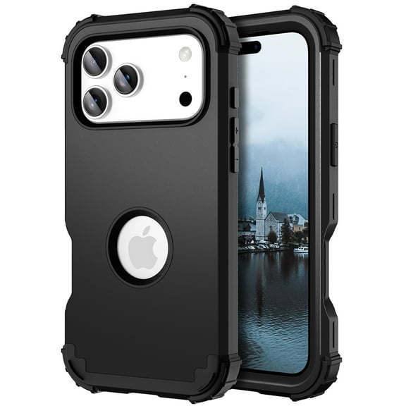 for iPhone 17 Pro Back Case, Phone Case Heavy Duty 2 in 1 Rugged Shockproof Protection Hybrid Hard PC Bumper Drop Protective Silicone for Girls Women Boys Men for iPhone 17 Pro, Black