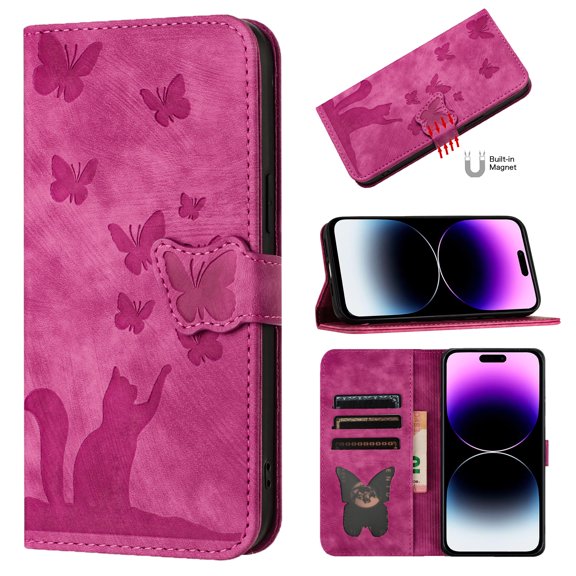 For iPhone 17 Pro Butterfly Embossed & Cute Cat Wallet RFID Blocking Case For Women Men Card Holder Flip Cover Kickstand Retro Premium PU Leather Magnetic Clasp with Wrist Strap, Rose