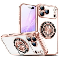 For iPhone 17 Pro Case with 360°Spin Magnetic Kickstand [Built in Camera Lens Protector], Hybrid Tranparent TPU Rubber Plating Shockproof Phone Slim Case For iPhone 17 Pro,Rosegold
