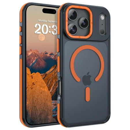 iPhone 17 Pro Case 6.3" - DOMAVER Magnetic Case Compatible with MagSafe | Translucent Matte Finish | Shockproof & Anti-Scratch Protection | for iPhone 17 Pro Case - Black/Orange