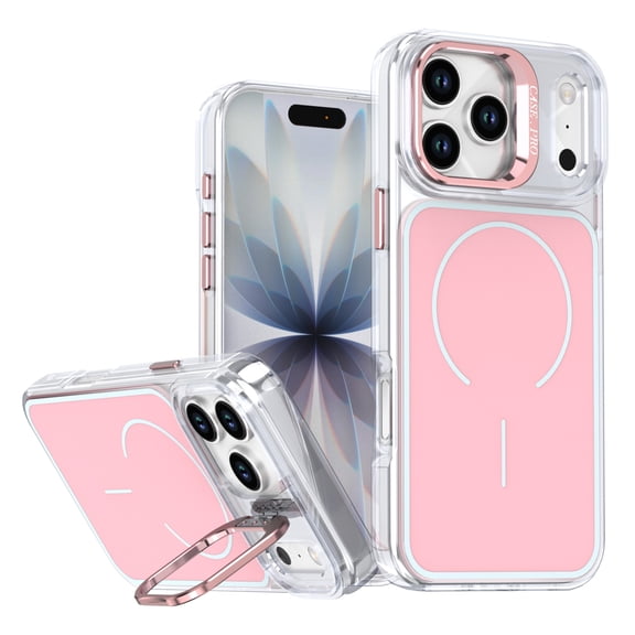 for iPhone 17 Pro Case with Built-in Camera Stash Stand, Compatible with MagSafe, Slim Fit & Lightweight Magnetic Hard Back Soft Edge Anti-Yellow Sturdy Flexible Shockproof Cover, Pink