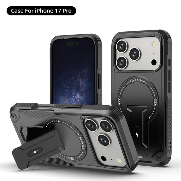 for iPhone 17 Pro Case, Built-in Kickstand, Compatible with Magsafe, Luxury Military-Grade Armor Shockproof Drop Protective Rugged Cover Hybrid Cell Phone Case for iPhone 17 Pro - Black