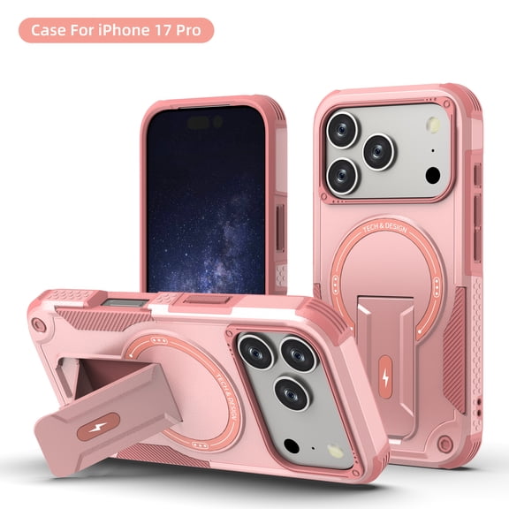 for iPhone 17 Pro Case, Built-in Kickstand, Compatible with Magsafe, Luxury Military-Grade Armor Shockproof Drop Protective Rugged Cover Hybrid Cell Phone Case for iPhone 17 Pro - Pink