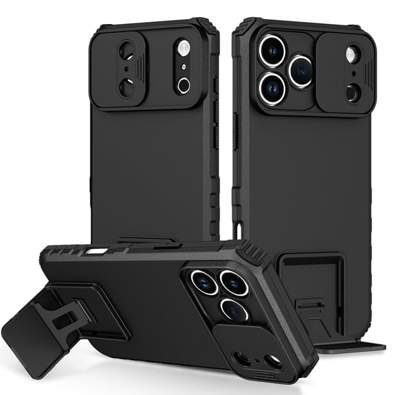 for iPhone 17 Pro Case with Camera Lens Slide Protection, Armour Silicone TPU Bumper Tough PC Cover Kickstand, Military Shockproof Absorption Case for iPhone 17 Pro,
Black
