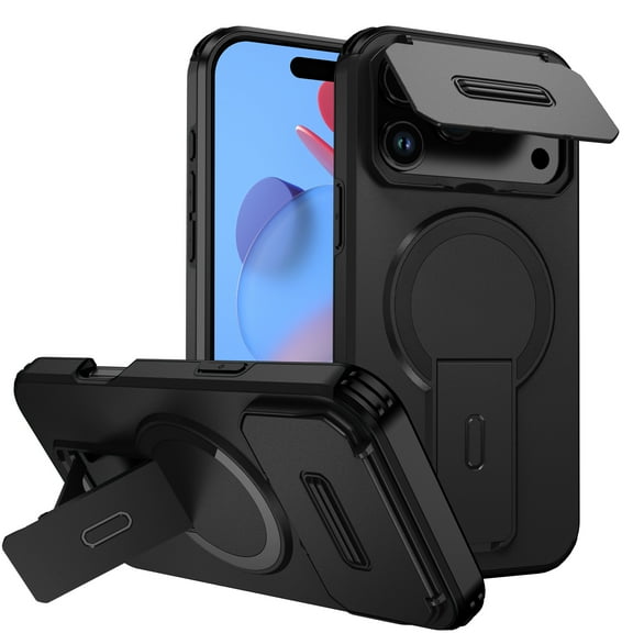 for iPhone 17 Pro Case with Camera Sliding Cover & Adjustable Kickstand, Magnetic Wireless Charging Rugged Shockproof Bumper Cases Heavy-Duty Magnetic Protective Phone Cover, Black