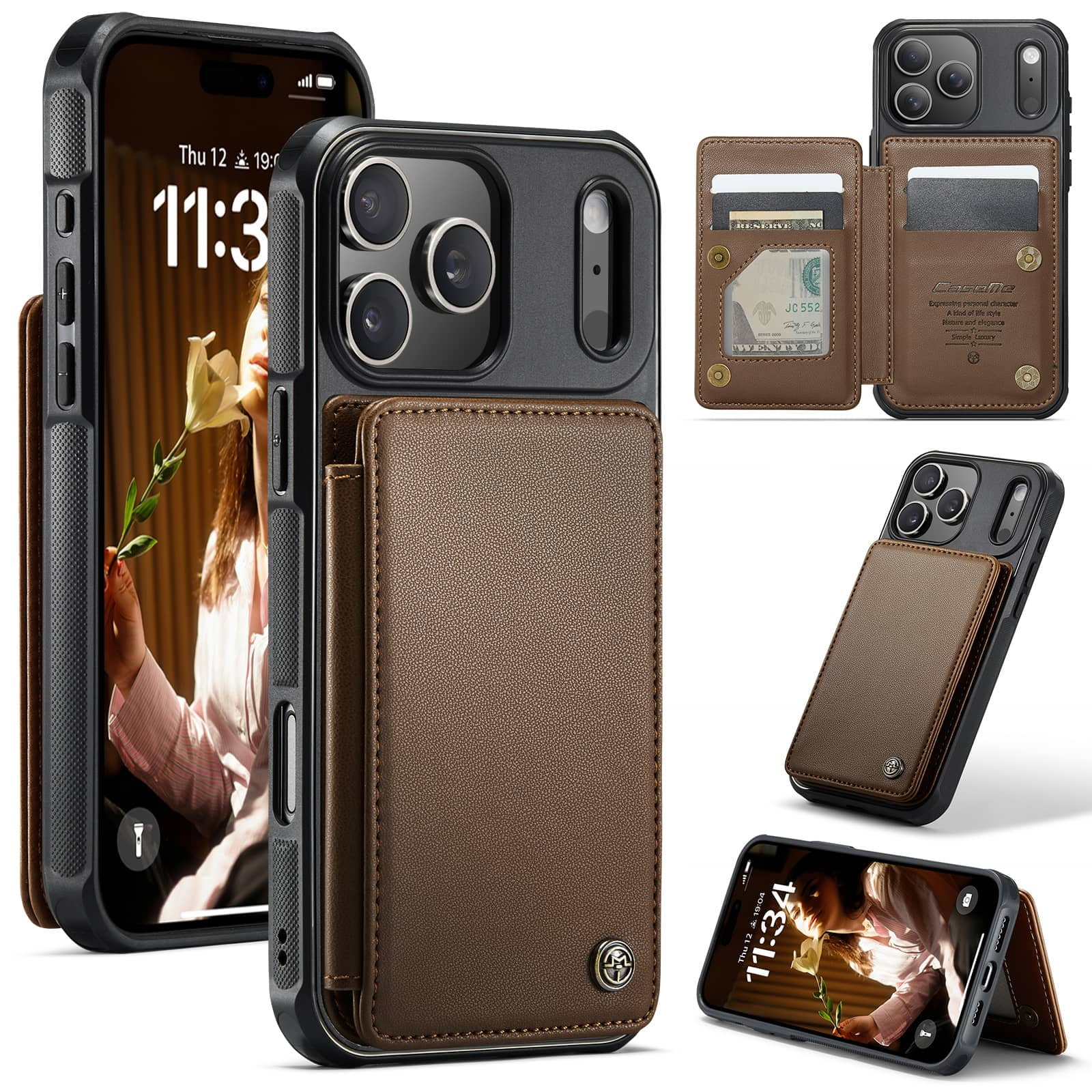 Coque Portefeuille Magnétique Pour IPhone 17 Pro 6,3" - 2-en-1 Détachable, Blocage RFID, Support Et Bracelet - Noir