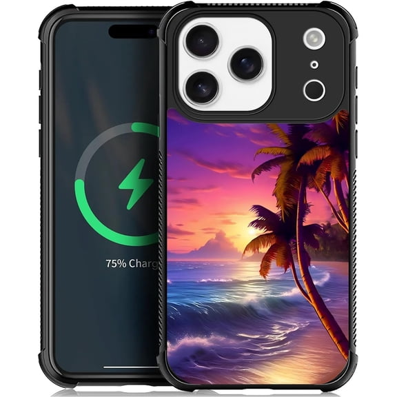 for iPhone 17 Pro Case Compatible with MagSafe Four-Corner Reinforced Shockproof Soft TPU Protective Hard PC Back Cover Girls Case for iPhone 17 Pro 6.3inch Beach Palm Leaf Vacation