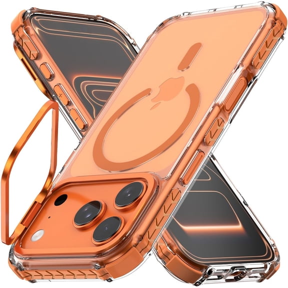 for iPhone 17 Pro Case Compatible with MagSafe Military Grade Shockproof Heavy Duty Protective Adjustable Kickstand Ultra Clear Magnetic Phone Case for iPhone 17 Pro(Orange)
