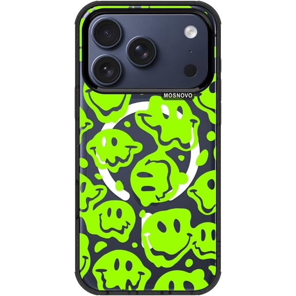 for iPhone 17 Pro Case | Compatible with Magsafe | Military Grade 10ft Drop Tested | Camera Control | Clear Black with Distorted Green Smiles Face Design