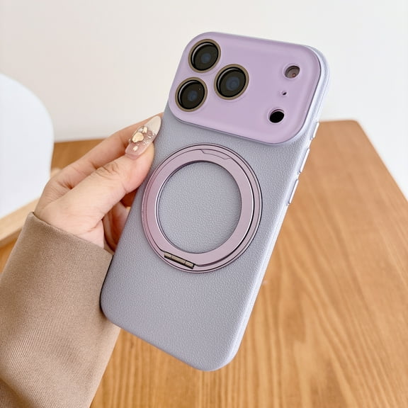 for iPhone 17 Pro Case Cover with Magnetic Ring Kickstand, Shockproof PC + PU Leather Anti-Scratch Drop Protective Lightweight Case with Lens Protector, Support Wireless Charging, Purple