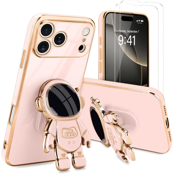 for iPhone 17 Pro Case, Cute 3D Astronaut Stand with [2 Screen Protector] [Camera Protection] Kickstand Shockproof Bling Silicone Soft Back Cover for Apple iPhone 17 Pro Phone Case, Pink