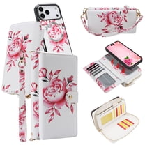 for iPhone 17 Pro Case Detachable Wallet with RFID Blocking Card Holder Colored Drawing PU Leather Magnetic Snap Flip Zipper Wrist Shoulder Strap Kickstand Phone Case Women Girls, White