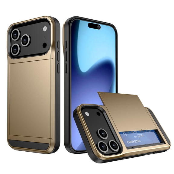 For iPhone 17 Pro Case with ID Credit Card Holder, Dual Layer Shockproof Hidden Sliding Card Slot Wallet Anti-Scratch Hard Shell Rugged Back Cover Slim Phone Case,Gold