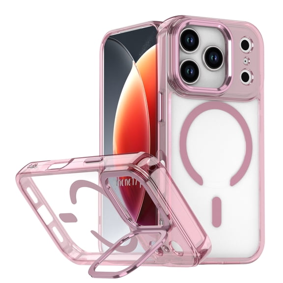 For iPhone 17 Pro Case, Magnetic Clear Case with Lens Kickstand, Full-Body Shockproof Protective Crystal Cover, Compatible with MagSafe, Anti-Yellowing Transparent Phone Cover,Pink