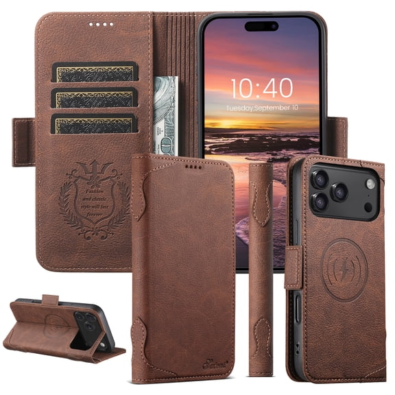for iPhone 17 Pro Case, Magnetic Closure Wallet Flip PU Leather with Stand Cash Credit Card Slots Drop Protective Phone Case Cover for iPhone 17 Pro, Compatible with MagSafe, Brown
