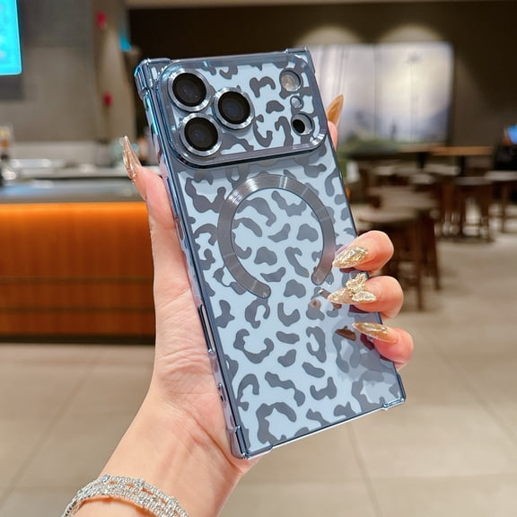 For iPhone 17 Pro Case Magnetic,Soft Cute Luxury Leopard Pattern Plating Glitter Plating Phone Case Compatible with MagSafe Clear Shockproof Back Cover for Women Girl,Blue