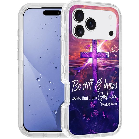 for iPhone 17 Pro Case, [Military Grade] Heavy Duty 3-Layer Transparent Shockproof Drop Full-Body Protective Phone Cover for iPhone 17 Pro 6.3", Cross Quote Bible Verses Psalm 46:10