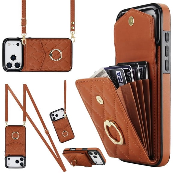 For iPhone 17 Pro Case Premium PU Leather Accordion Folding Wallet & Card Holder With RFID Shielding Material Phone Case With Adjustable Ring Holder And Detachable Crossbody ＆ Wrist Strap,Brown