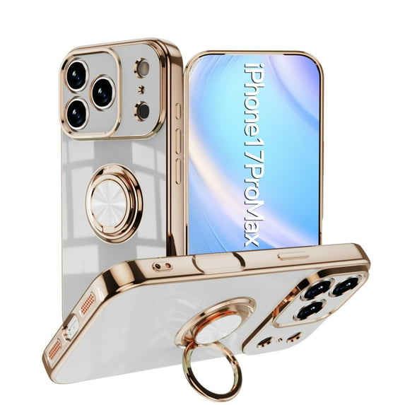 for iPhone 17 Pro Case with Ring Holder, iPhone 17 Pro Cover, Kickstand Magnetic Plating Frame TPU Shockproof Anti-Scratch Slim Girls Women Men Case Cover for iPhone 17 Pro, White