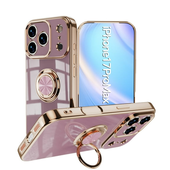 for iPhone 17 Pro Case with Ring Holder, iPhone 17 Pro Cover, Kickstand Magnetic Plating Frame TPU Shockproof Anti-Scratch Slim Girls Women Men Case Cover for iPhone 17 Pro, Lightpurple