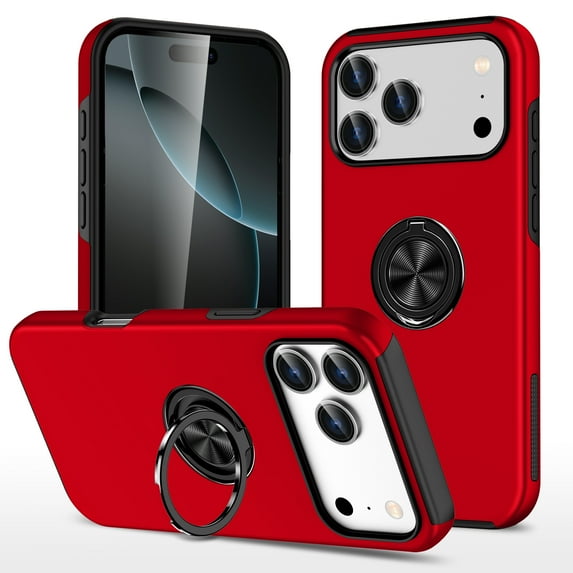 for iPhone 17 Pro Case with Ring Stand, 360° Rotatable Ring Holder Magnetic Kickstand, 2-Layer Heavy Duty Shockproof Rugged Hybrid Hard PC Soft Rubber Case for iPhone 17 Pro, Red