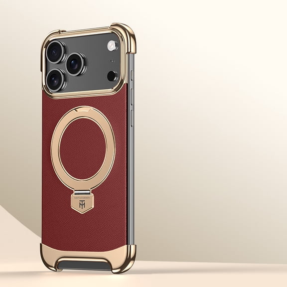 for iPhone 17 Pro Case [Ring Stand] [Compatible with Mag-safe] Plain Luxury PU Leather Frameless Metal Corners Design Shockproof Phone Case for iPhone 17 Pro Men Women, Red