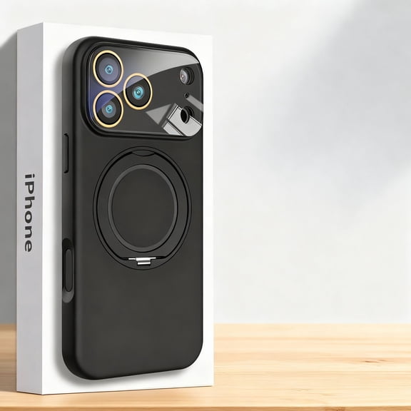 for iPhone 17 Pro Case with Rotated Ring Holder Stand, Support Wireless Charging, Camera Lens Protector, Shockproof Slim Hybrid PC Liquid Silicone Phone Case for iPhone 17 Pro, Black