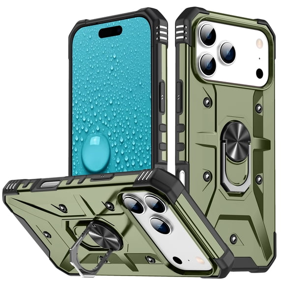 For iPhone 17 Pro Case Rugged, With Grip Ring Holder Rotating Kickstand Easy to Hand Compatile with Car Mount Anti-Scratch Heavy Duty Protective Phone Case for Apple iPhone 17 Pro, Armygreen